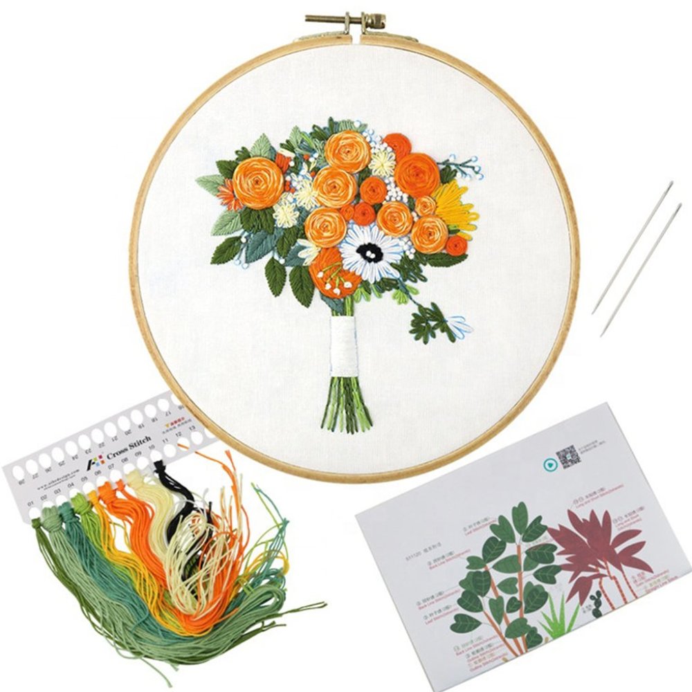 Beginner Embroidery Kit Orange Flowers Wall Decor